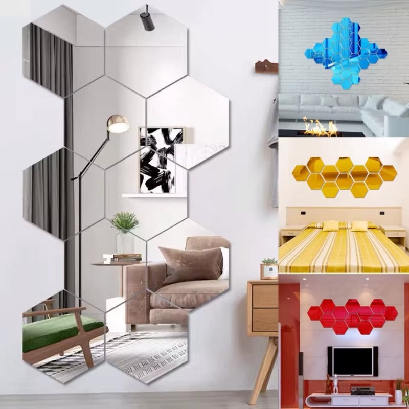 3D Mirror Wall Sticker Hexagon Decal Home Decor - 12PC